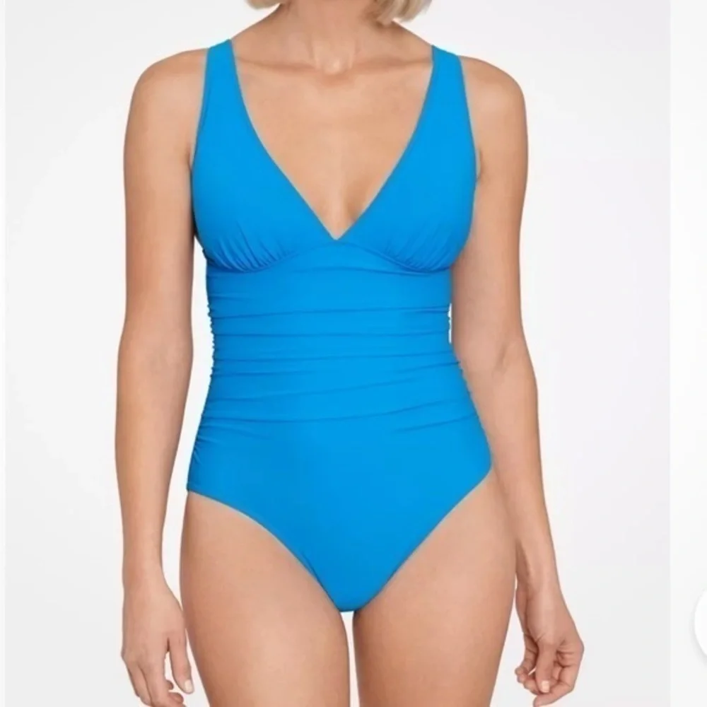 New Swim Solutions Women's Tummy-Control Plunge Mio One-Piece Swimsuit Blue 14